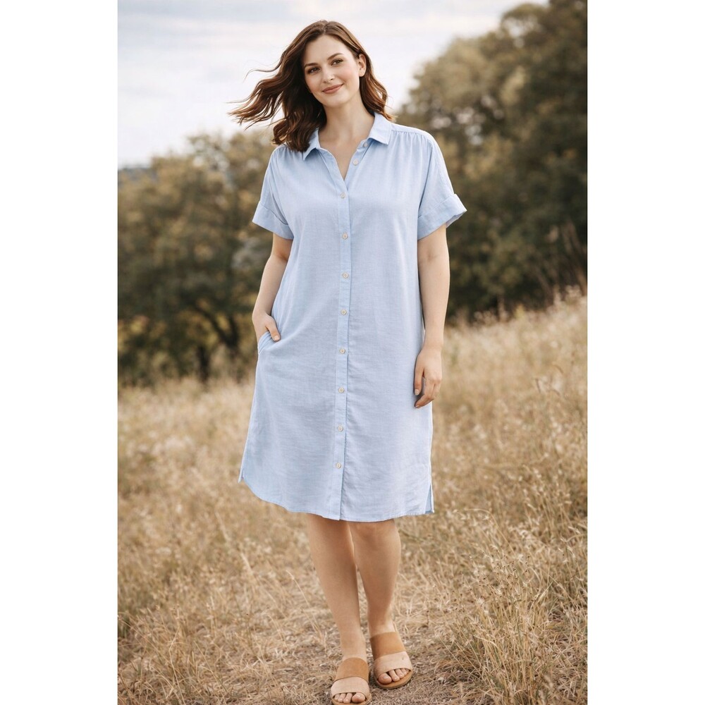 Well Worn Baby Blue Linen Shirt Dress Button Front Short Sleeve Pockets Midi M